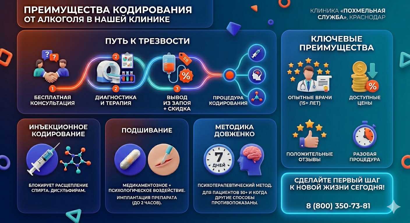 Инфографика о методах кодирования от алкоголя в Слободском: инъекции, подшивание, метод Довженко. Преимущества клиники и этапы лечения.