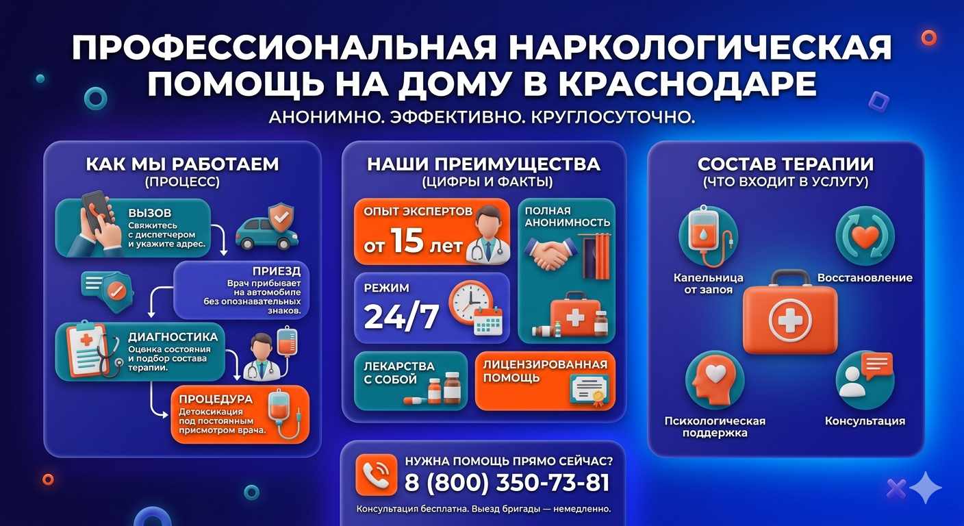 Инфографика о принципах лечения алкоголизма на дому в Слободском: этапы вызова нарколога, преимущества анонимной детоксикации и состав медицинской помощи.